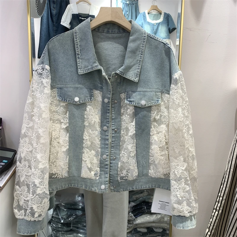2024 Summer New Streetwear Embroidery Lace Patchwork Sexy Denim Jacket Women Frayed Tassel Loose Korea Blue Jean Coat Outwear