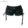 Women's Black Gothic Denim Shorts Vintage Aesthetic Korean Low Waist Jean Shorts Harajuku Y2k Cowboy Short Pants Clothes Summer