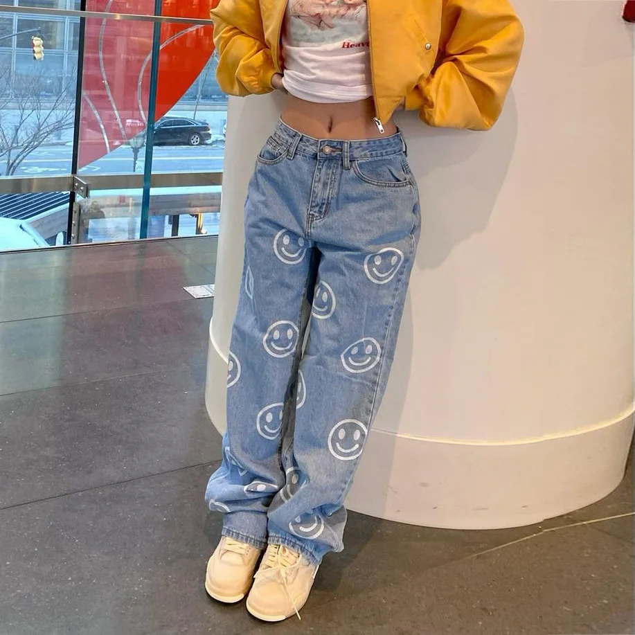 Y2K retro printed jeans smiling face hip-hop fashion casual tide brand wide-leg denim trousers women Y2K retro women's clothing