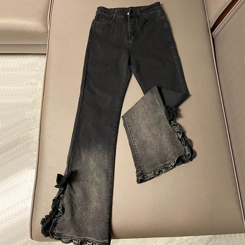 Gidyq Y2K Jeans Women High Street Gradient Denim Pants Vintage Autumn American Split Micro Flared Slim Chic Female Trousers New