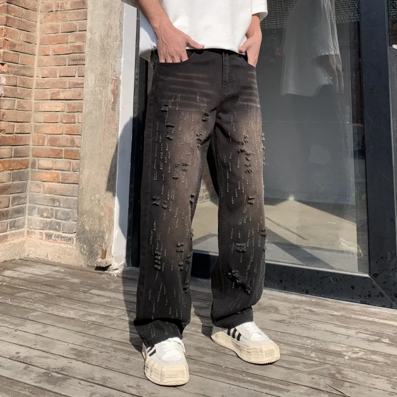 High-end American men's loose straight jeans personalized cut and frayed black and gray men's streetwear pants