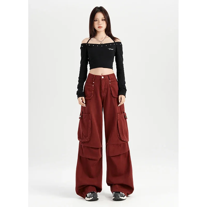 Women Red Y2K High Waisted Large Pocket Vintage Jeans Female Fashion Baggy Cargo Pants Streetwear Wide Leg Denim Trousers