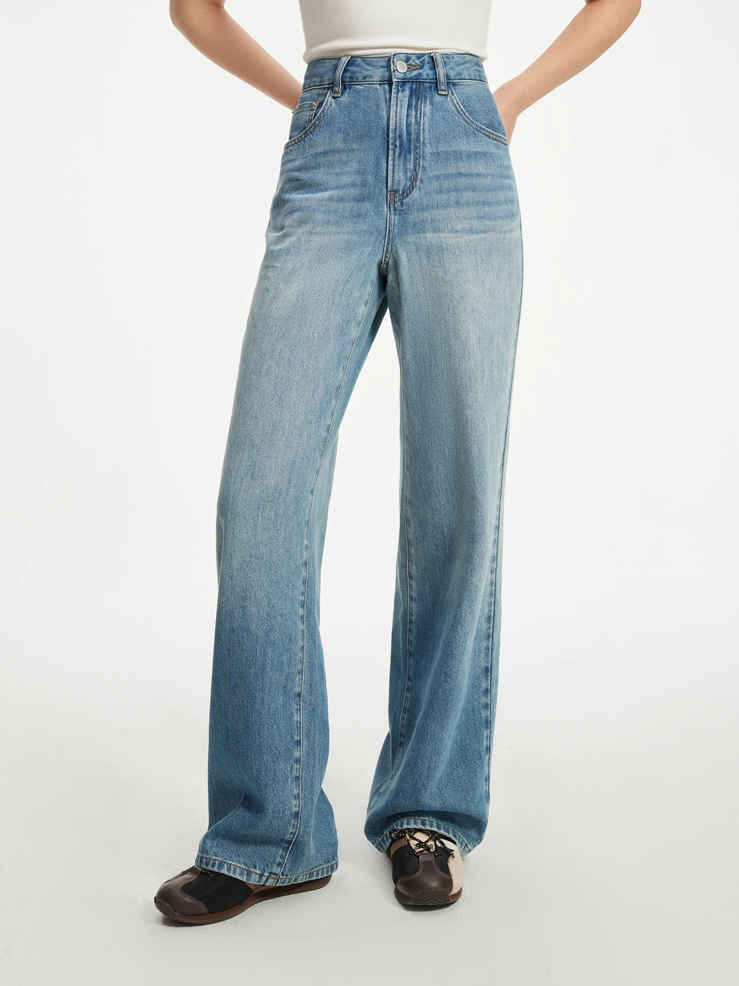 FSLE Retro Washed Gradient Wide-leg Straight Jeans 2024 New Design Mopping Versatile Casual High Waisted Drape Trouser