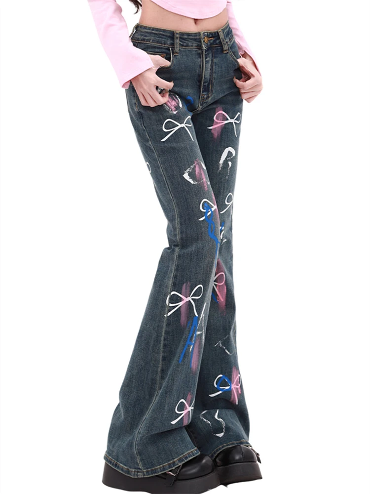 Women's Butterfly Knot Graffiti Pattern Micro Flared Jeans Cool Girl Wide Leg Streetwear Trouser Female Casual Denim Pants