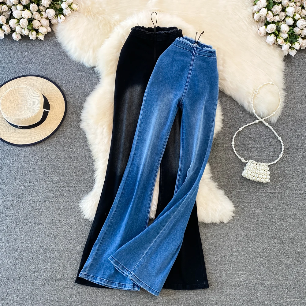 Fashion Women's Jeans 2023 Autumn New High Waist Slimming Tight-breasted Raw Edge Stretch Flared Trousers Korean Women Clothing