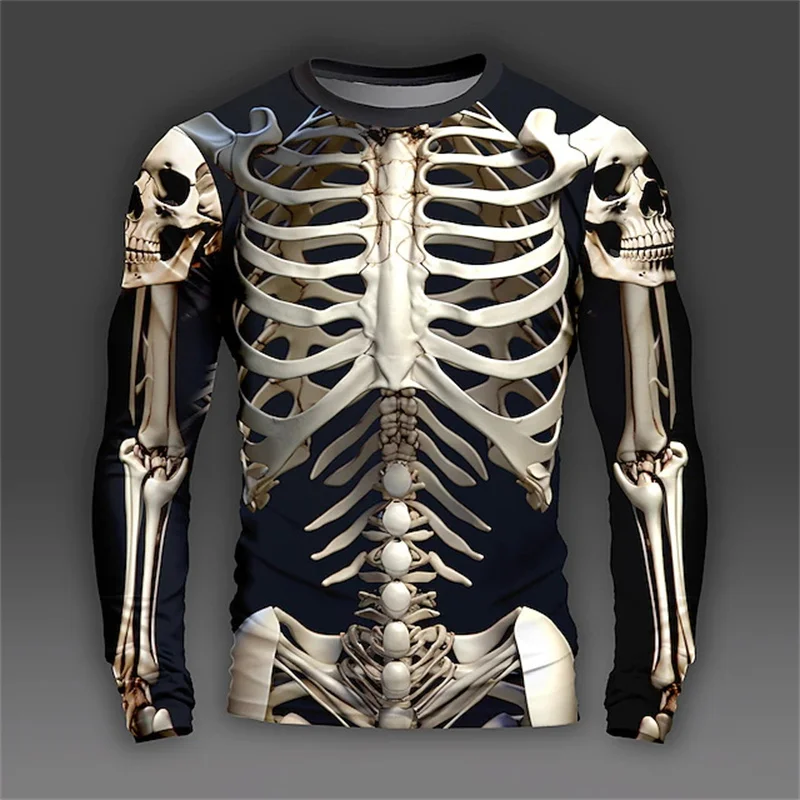Skeleton Pattern T Shirt For Men Skull 3D Printed Tees Summer Casual Long Sleeves Loose T-Shirts Round Neck Tops Streetwear