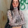 Casual Green Snake Print T Shirt Women Mesh Top Long Sleeve Transparent Snakeskin Female T-shirt High Neck Crop Tops