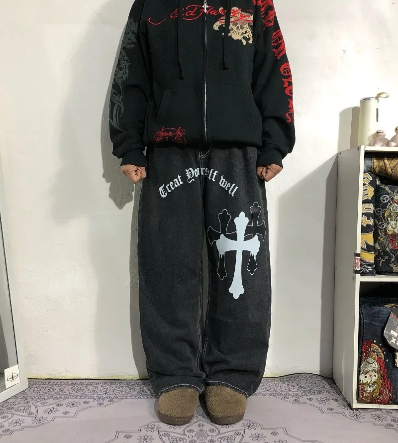 Street Hip-hop Fashion Cross Design Versatile Jeans Men American Y2K Harajuku Casual Loose Straight Wide-leg Pants Women