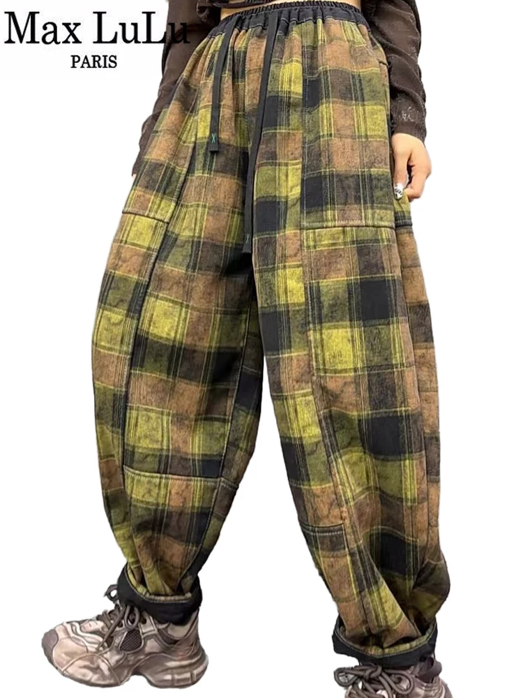 Max LuLu Winter Ladies Plaid Fur Jean Thicken Warm Leisure Denim Pant Classic Cuffs Oversized Vintage Women Loose Harem Trousers