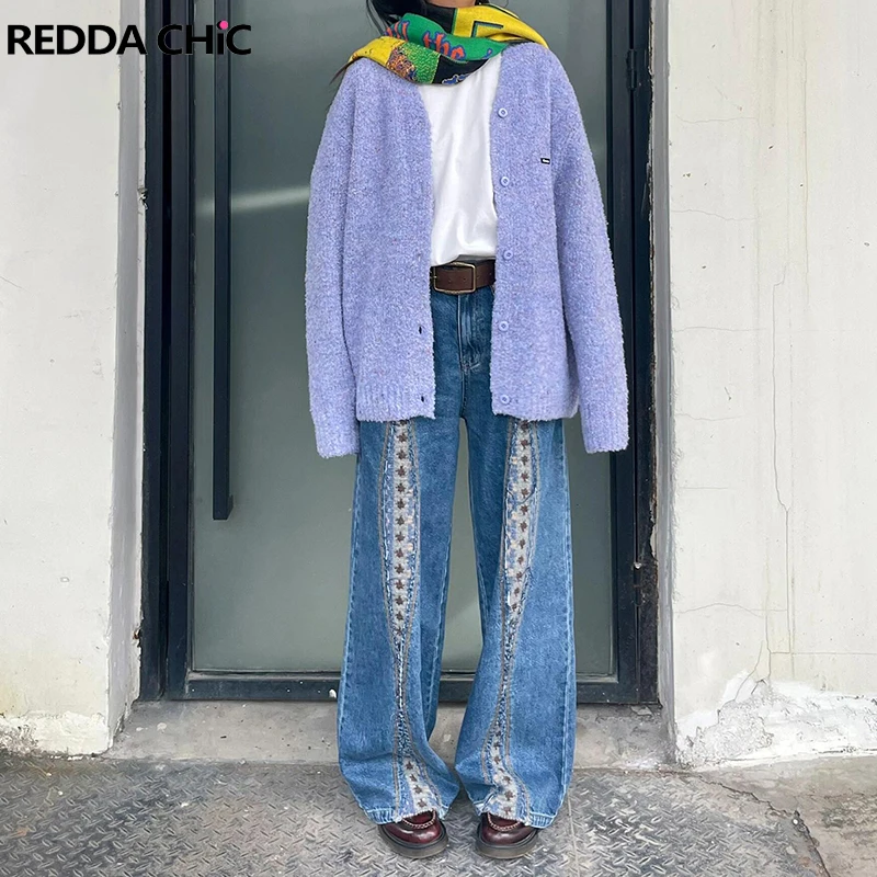 ReddaChic Winter Fair Isle Knitted Baggy Jeans Women Stitch Frayed Low Rise Loose Wide Leg Denim Pants Casual Vintage Clothes