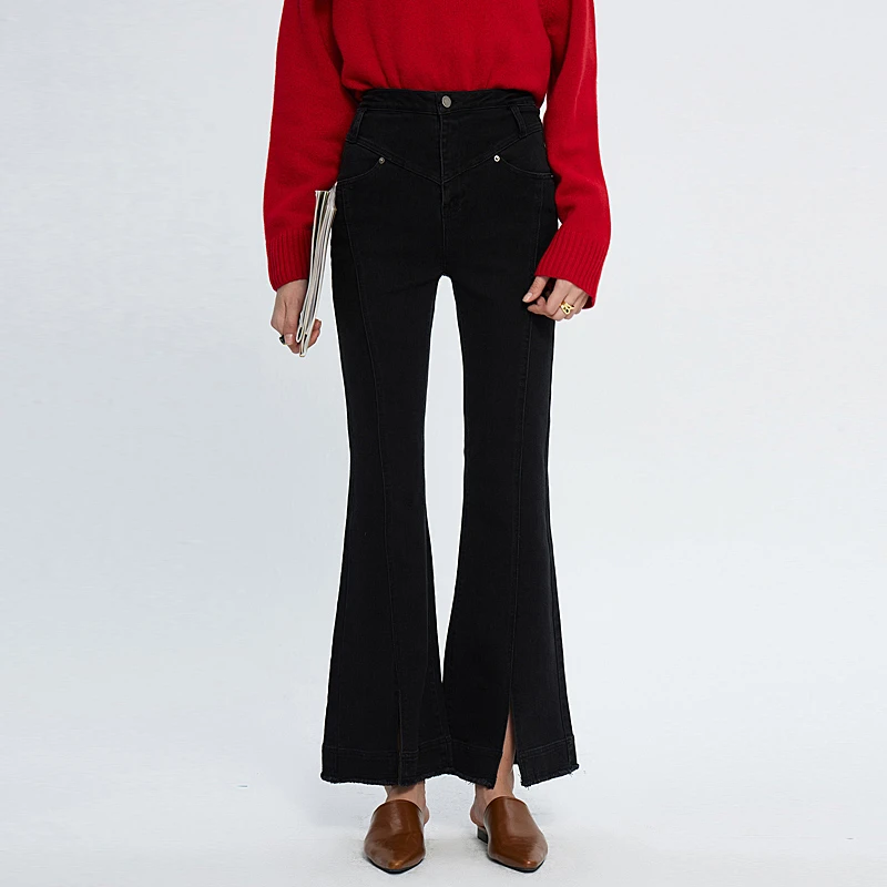 Y2k Black Slit Jeans For Women Frayed Hem Slim Fitting Flared Pants Female High Rise Bell-bottoms
