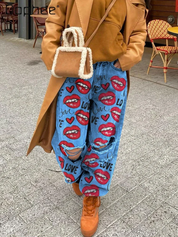 Fashion Printed High Waist Loose Wide Legs Women's Jeans 2024 Spring and Autumn New Street Style Ripped Mop Jeans Female