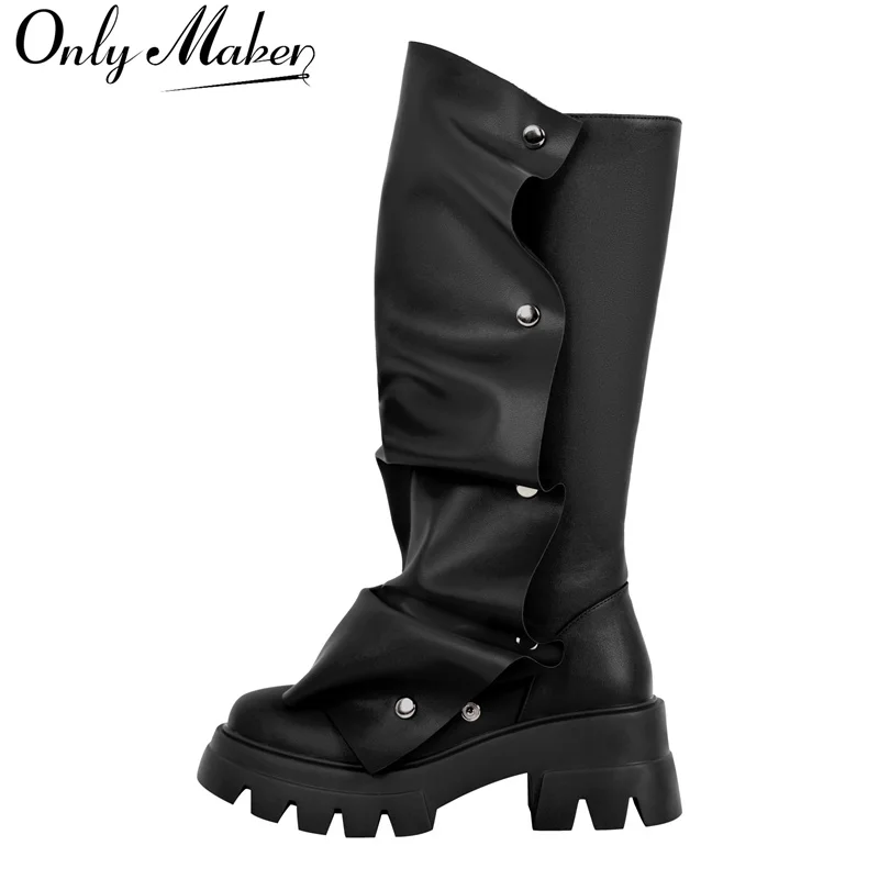 Onlymaker Women Balck Plaftorm Fold Over Boots Block Heel Round Toe Western Pull on Fashion Mid-Calf Female Boots