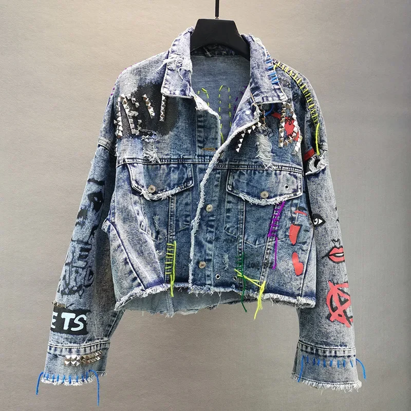 Women Diamonds Beaded Letters Graffiti Denim Coat Holes Rivets Tassels Jeans Bomber Jacket Casual Eyelet Cowboy Cardigan Jaqueta