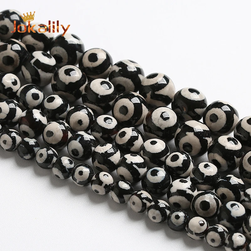 Natural Stone Beads Evil Eye Pattern Black Tibetan Agates Round Beads For Jewelry Making DIY Bracelets Necklaces 6 8 10 12MM 15"