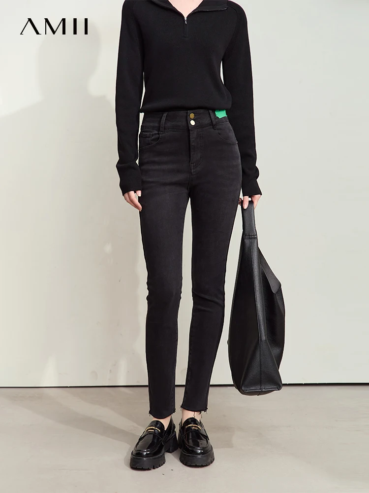 AMII Minimalist Slimming Long Jeans for Women 2024 Winter Color Contrast Hollow Tag Black High Waist Pencil Pant Female