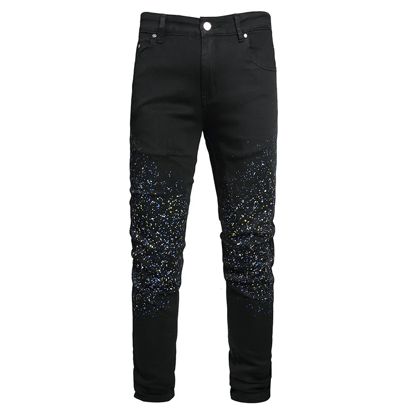 2023 New Fashion Mens Cotton Jeans Elastic Slim Skinny Black Trousers Casual Male Hip hop Starry Sky Pants Vaqueros Hombre