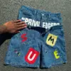Hip Hop Letter Patchwork Denim Shorts Summer Y2k Retro Personality Fashion Fake Two Pieces Gothic Rock Jorts Couple Y2k Jeans