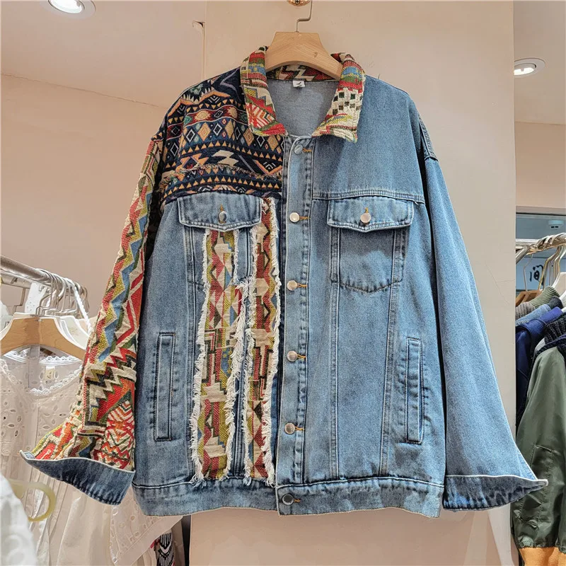 Autumn Women Blue Short Denim Jacket Casual Harajuku Vintage Ethnic Style Patchwork Frayed Burrs Lapel Long Sleeve Jeans Jacket