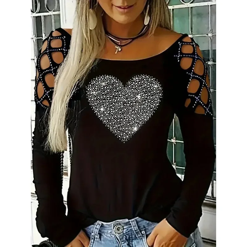 Plus Size Casual T-shirt Women's Heart Print Hollow Out Long Sleeve Round Neck Slight Stretch T-shirt