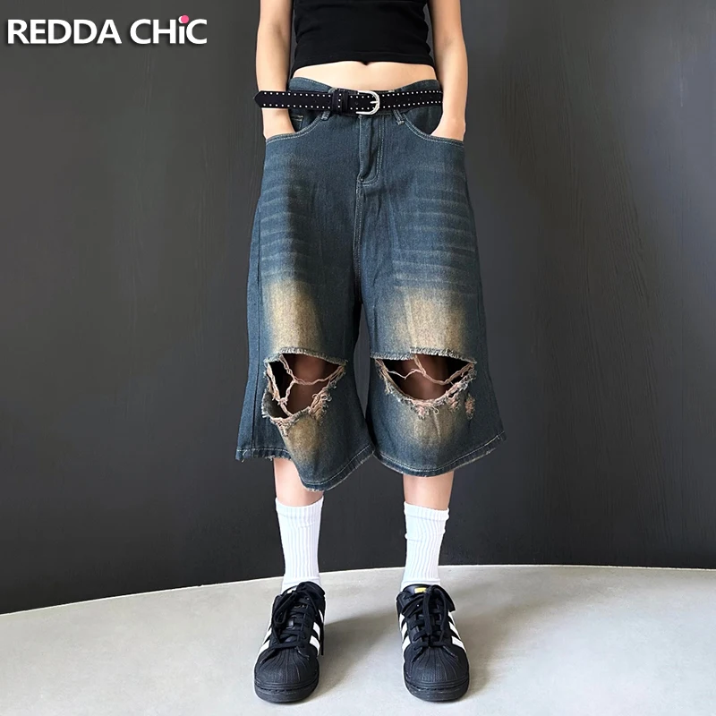REDDACHiC Ripped Holes Baggy Jeans Jorts Women Whiskers Frayed Wide Leg Denim Shorts Boyfriend Oversize Pants Retro Y2k Clothes