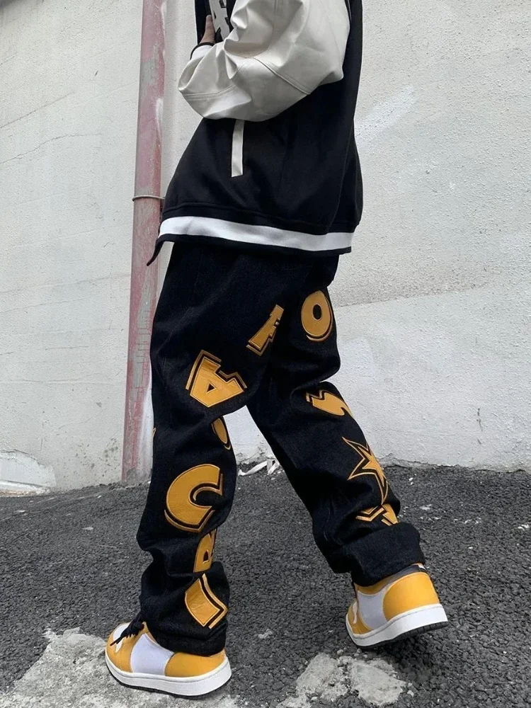 Man Cowboy Pants Kpop Trousers Straight Men's Jeans Hip Hop Black Star with Print Stacked Trend 2024 Y2k Streetwear Korean Style