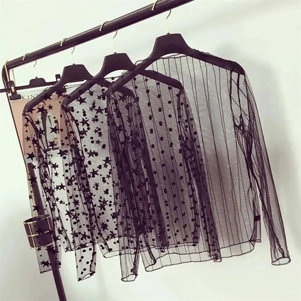 Fashion See-Through Lace T Shirt Long Sleeve Mesh Fishnet Mesh Ladies Tops Blouses Turtleneck Transparent T-shirt Women Girls