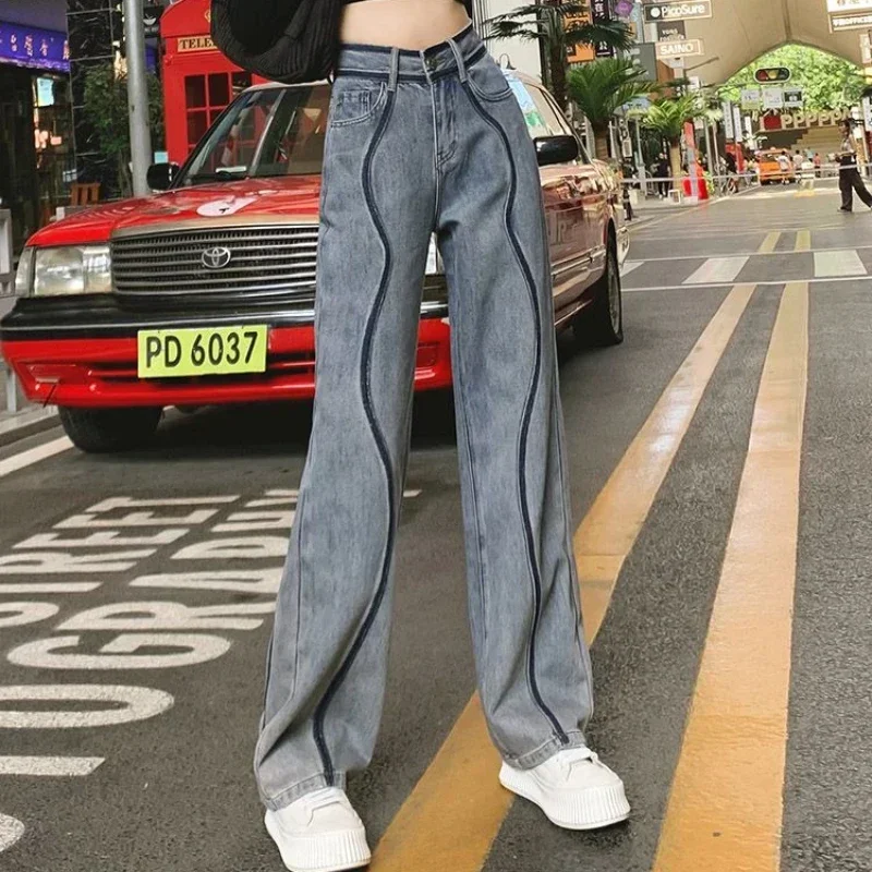 Trousers Blue Straight Leg Women's Jeans Autumn Female Denim Pants Aesthetic High Waist Shot 2024 Korean Style Hippie 2000s Y2k