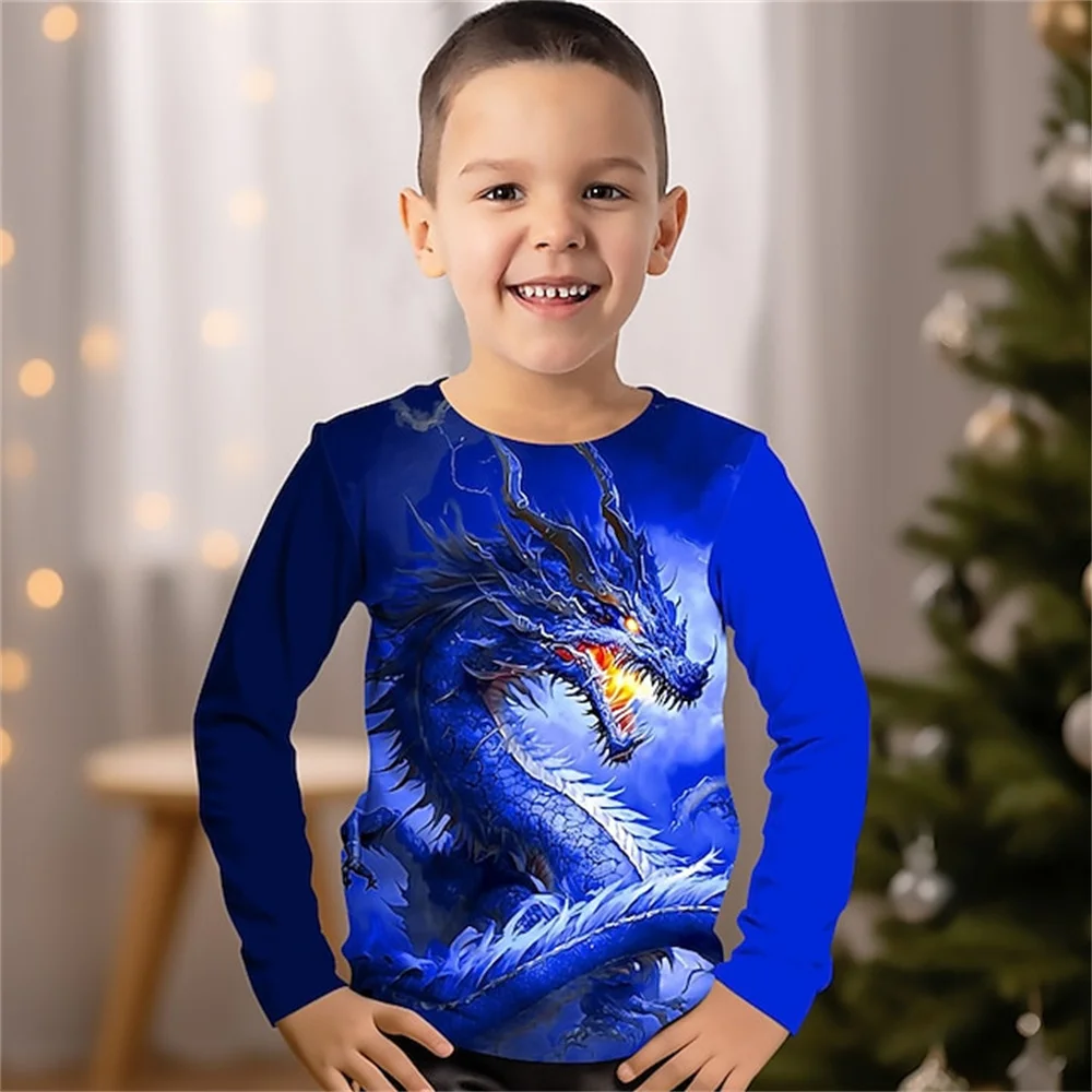 Children's Clothing Boys Tshirt Long Sleeve Dragon 3D Print Kids Summer Clothes Fashion Casual Round Neck Clothing for Boys Tops
