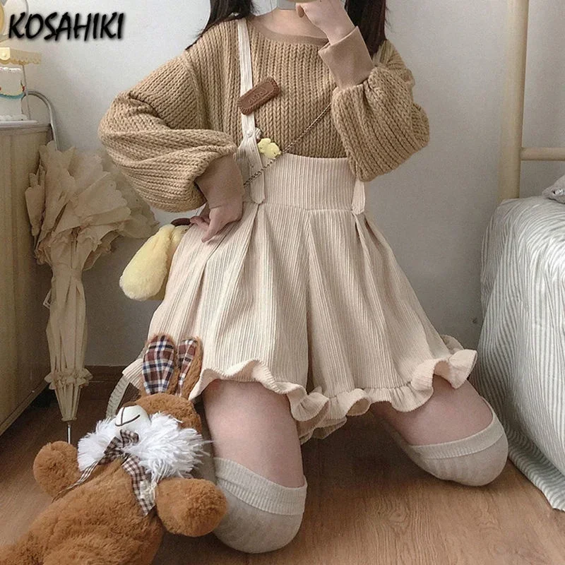 KOSAHIKI Japanese Kawaii Strap Shorts Women Corduroy Ruffle Solid Short 2025 Cute Lolita Overalls Chores Para Mujer