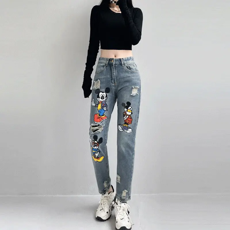 Disney Mickey Mouse Ripped Jeans Women's New Cartoon Print Loose High Waist Denim Pants Fashion Vintage Trend Casual Haren Pants