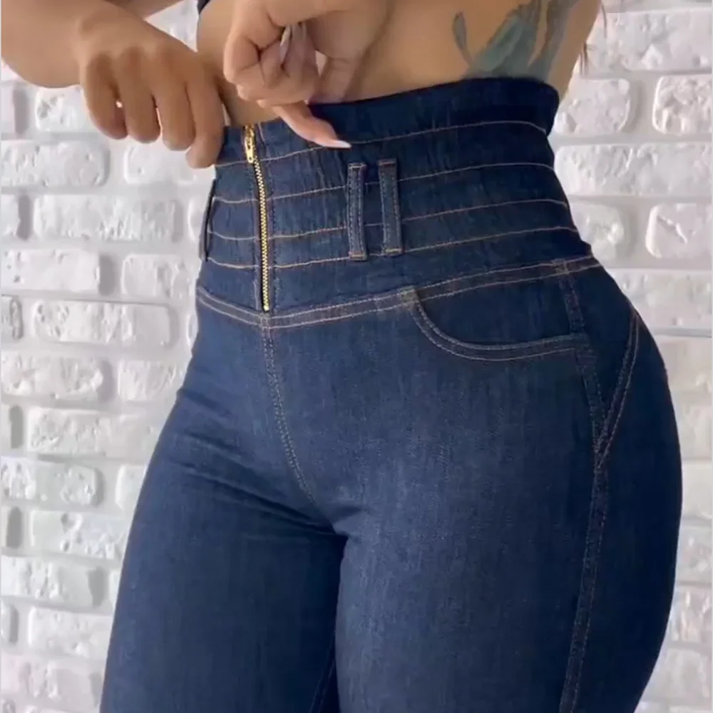 Women Fold Design Demin Pants Girls Streetwear Sexy Pencil Jeans High Waist Trousers 2023 European Fashion Skinny Pants Zipper