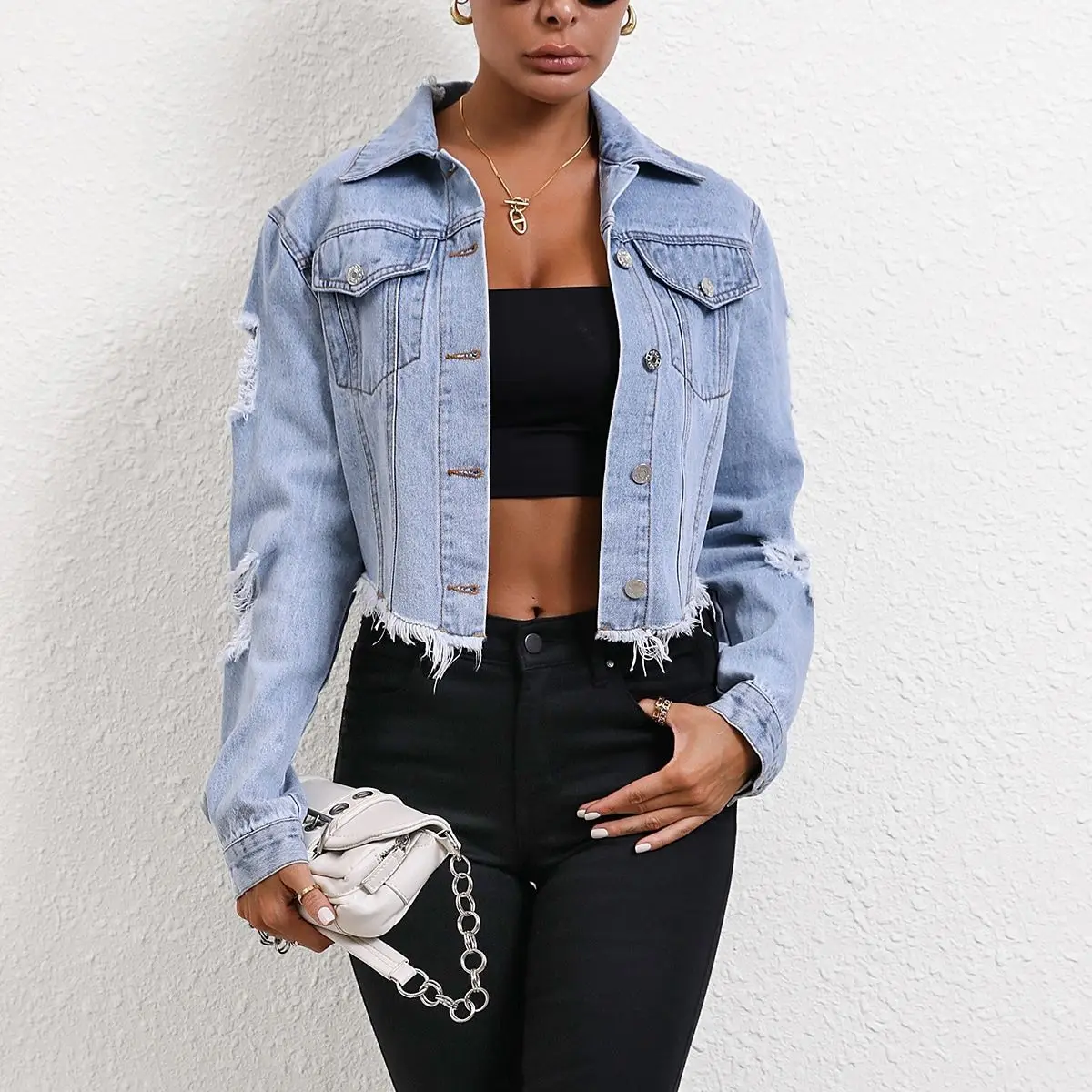 Ripped Distressed Women Denim Jackets Single Breasted Cardigan Coat Turn Down Collar Solid Streetwear Pockets Washed Button