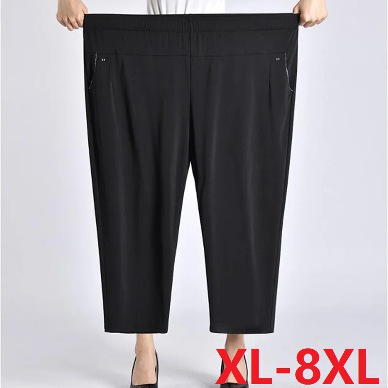 Middle aged Women Summer Pants New Solid High Waist Elastic Casual Pants Loose Large Size Female Straight Leg Pants 6XL 7XL 8XL