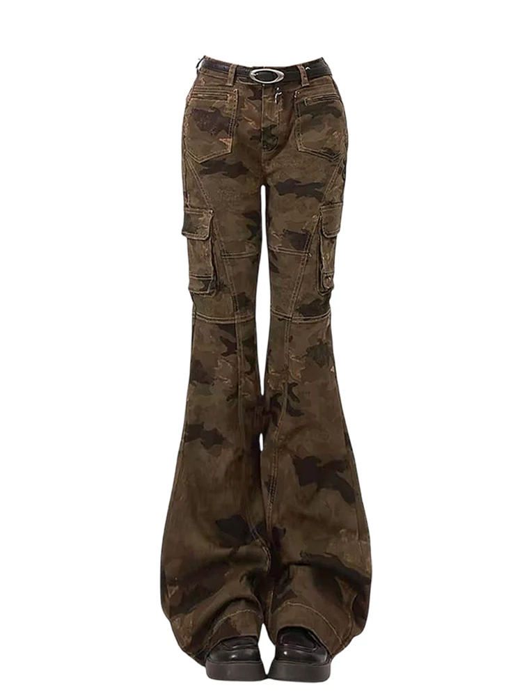 Women American Vintage Low Rise Camouflage Bell Bottoms Y2k Japanese Streetwear Denim Pants Harajuku Long Trousers 2000s Jean