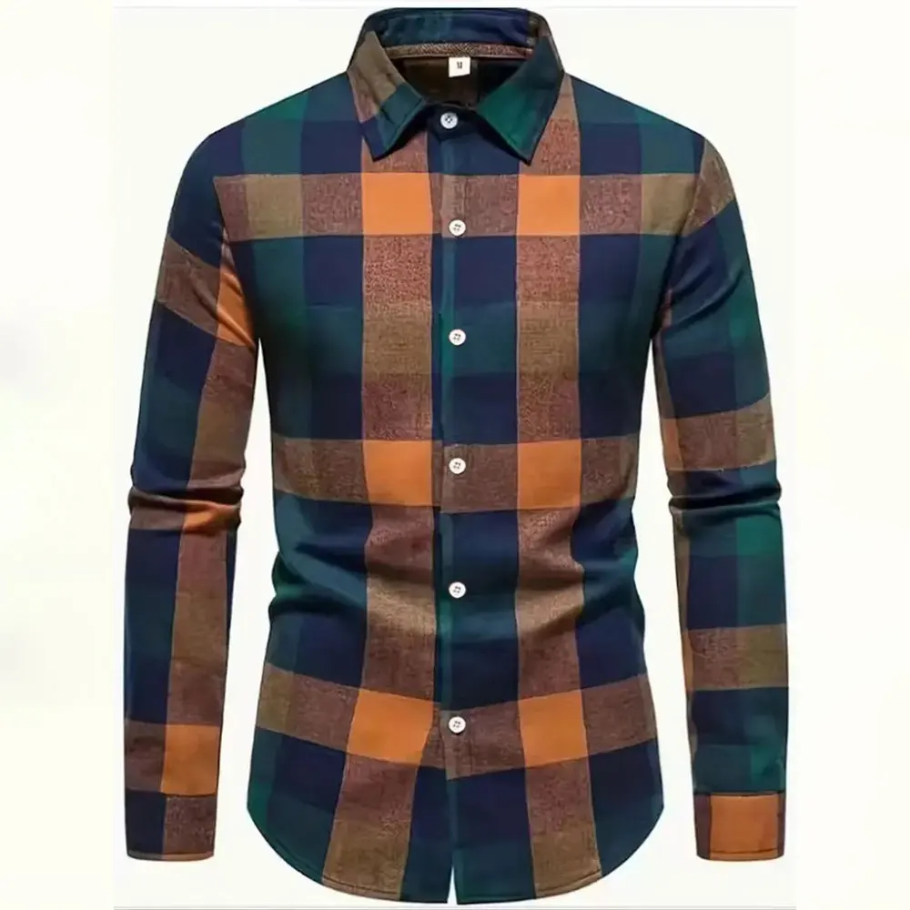 2024 New Vintage Plaid Printed Shirt Hawaii Fashion Vacation Casual Long-sleeved Shirt Men's Large Size Lapel Button Up Top