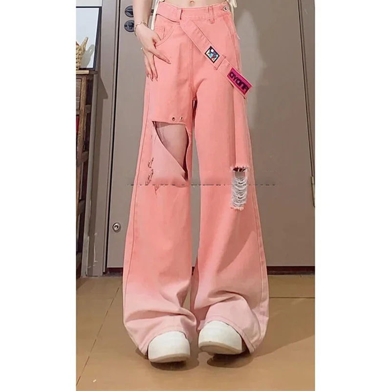 Dopamine wears pink jeans with holes, plus size retro tooling in summer and autumn, high waist and loose straight pants.