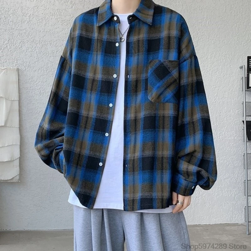 Long Sleeve Plaid Shirts Men Autumn Casual Loose Harajuku Vintage High Street Daily All-match Gentleman Camisa Plus Size 5XL-M