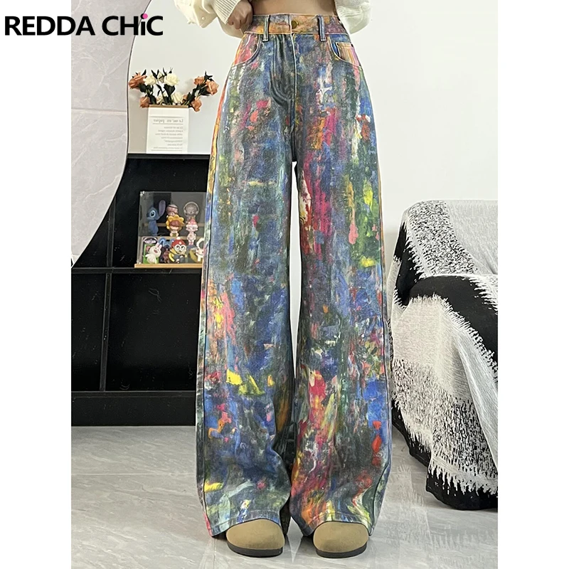 ReddaChic Hip Hop Graffiti Straight Jeans for Women Men Fancy Painting Wide Leg Pants Aesthetic Y2k Trousers Unisex Streetwear