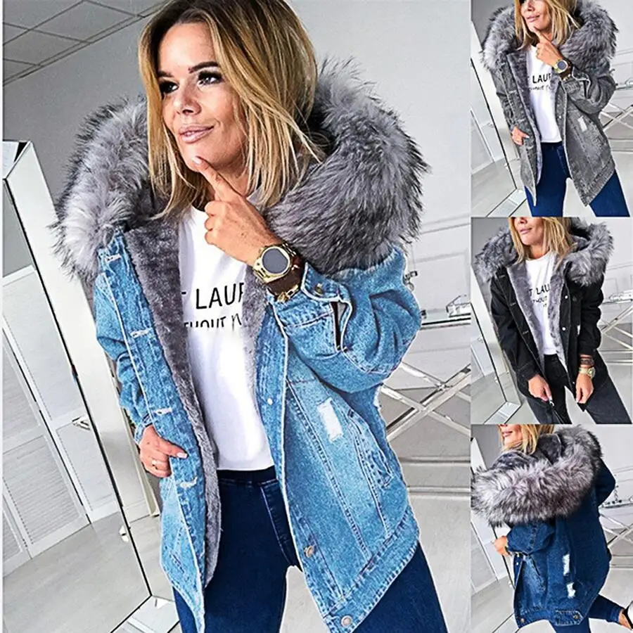 Winter Fur Jacket Women Denim Coats Faux Hooded Jean Thick Long Sleeve Frayed Overcoat Outwear Vintage Cotton Female Coat