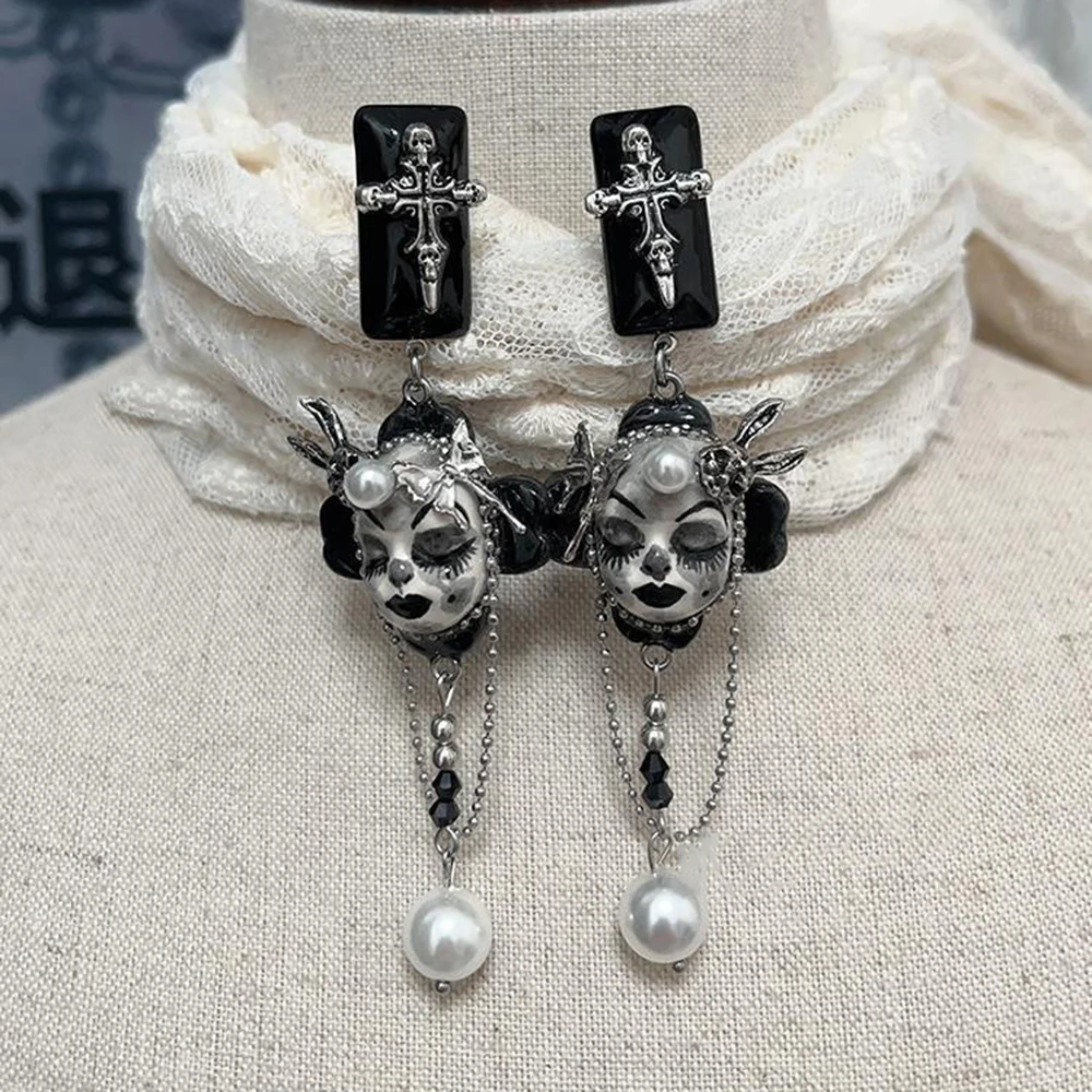 Punk Pearl Ceramic Black Drop Glue Doll Earrings Women Gothic Perforated Ear Pendants Jewelry Earwear Halloween Accessories