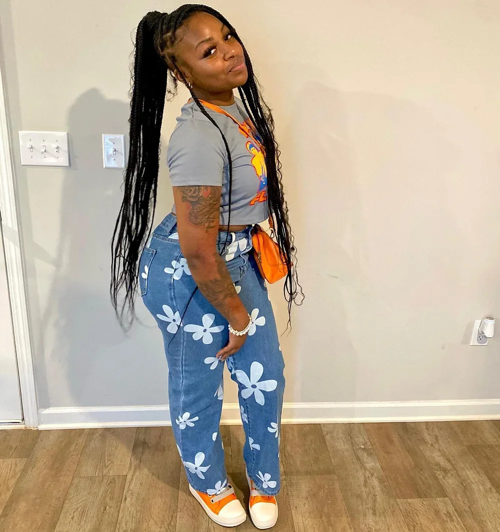 High Waist Washed Vintage Denim Pants Floral Print Straight-leg Jeans for Women Stretch Women Pants Straight Washed Trousers