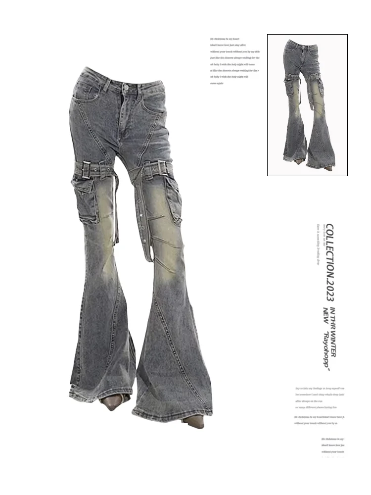 Women Y2k Cargo Jeans Aesthetic Flare Denim Trousers Harajuku Vintage Baggy Jean Pants Japanese 2000s Style Trashy Clothes 2024