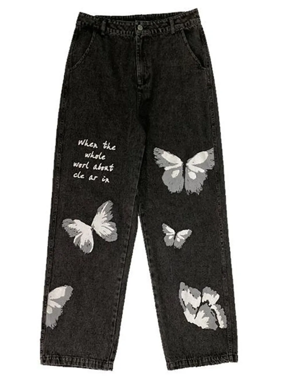 Butterfly Print Wide Leg Pants for Women Y2K Aesthetic Straight Hip Hop Long Jeans Streetwear High Waist Loose Cyber Cargo Pants