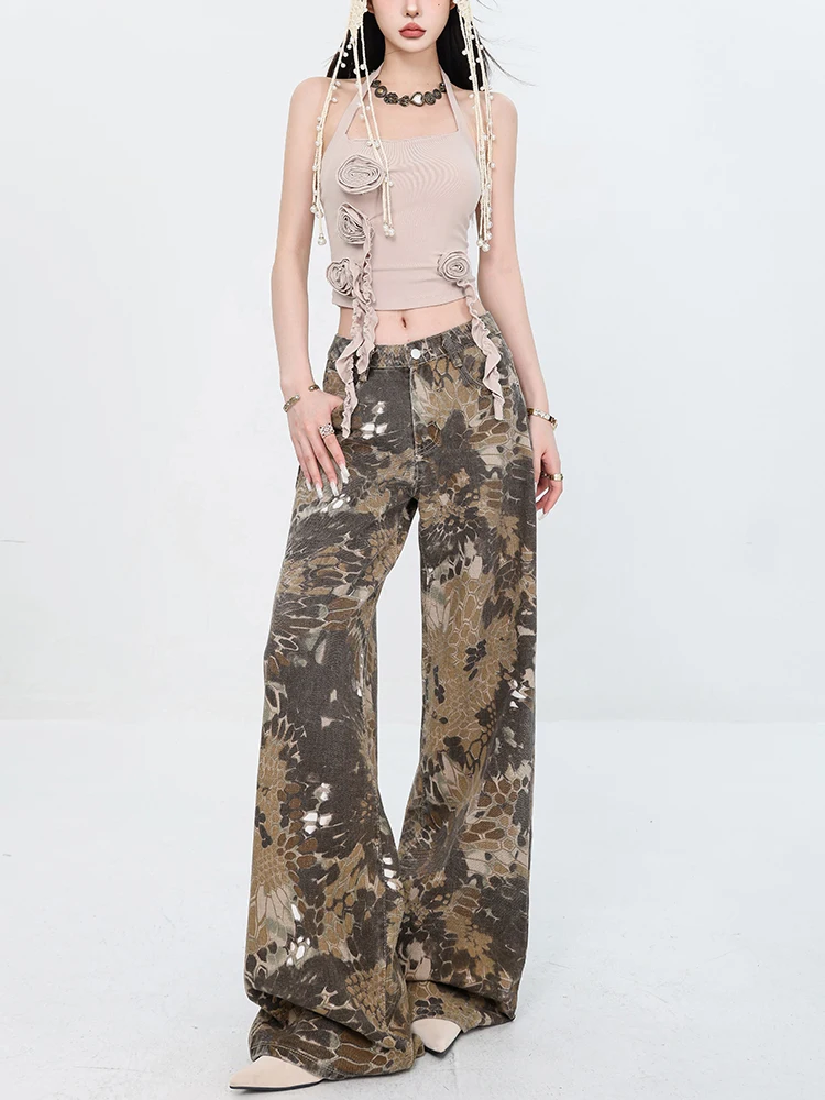 American Retro Camouflage Jeans for Women Street Style Loose Casual Wide Leg Pants Y2k Chic Design Straight Pants