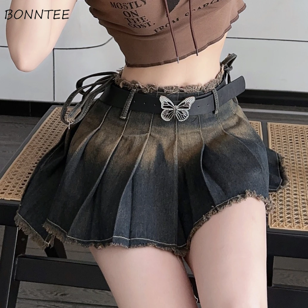 Denim Skirt Women Retro Pleated Mini Sexy All-match Hotsweet Korean Fashion High Street Y2k Streetwear Lace-up Frayed Chic Girl