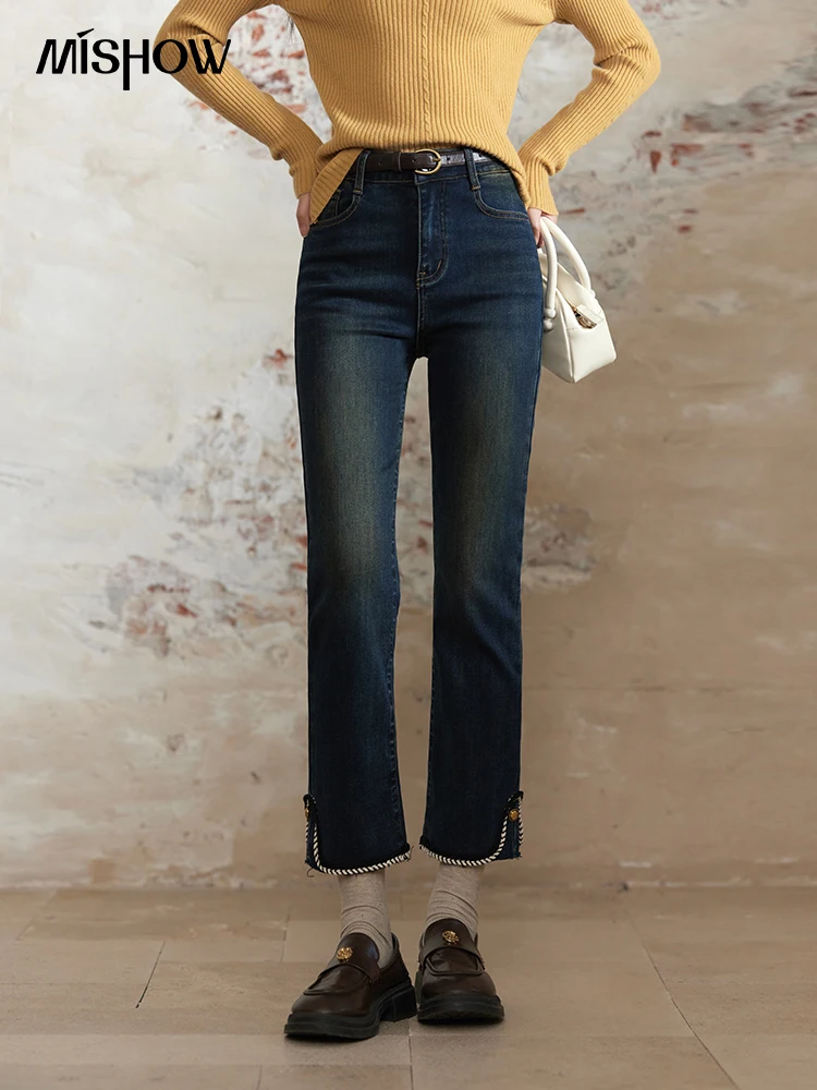 MISHOW Velvet Denim Jeans Pulling Hair Straight Thick Pants Winter Women Button Design Blue High Waist Ninth Pants