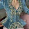 Elegant Chic Women Tops Floral Embroidered Deep V Neck Slim Waist Peplum Long Sleeve Design Asymmetric Vintage Velvet Blouse