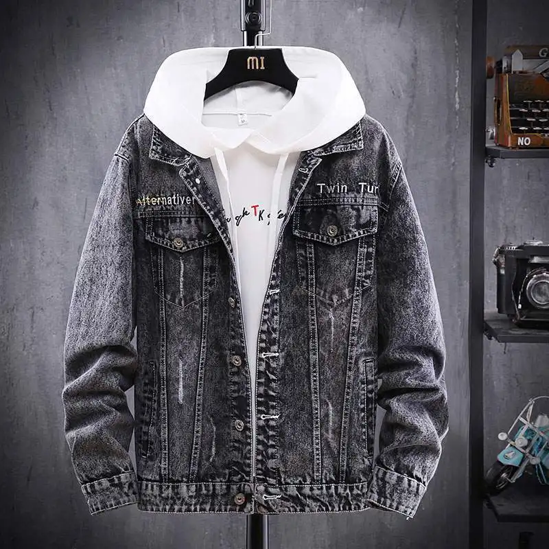 Male Jean Coats Punk Black Men's Denim Jacket with Embroidery Cheap Price Stylish on Board Loose Vintage Big Size Trendy Worn G