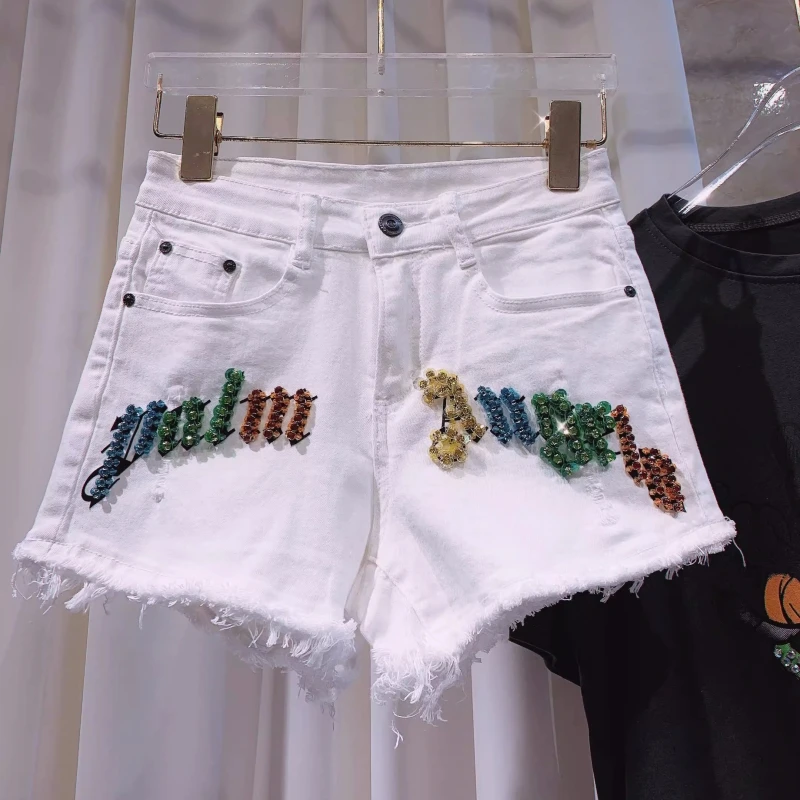 New Trendy Brand 2024 New Summer Shorts Women Elastic Comfortable High Waist Color Diamond Hot Girl Slimming White Denim Shorts